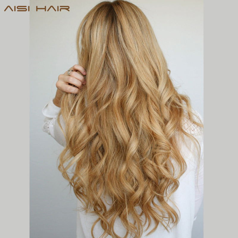 aisi hair 22" 17 colors long wavy high temperature fiber synthetic clip in hair extensions for women