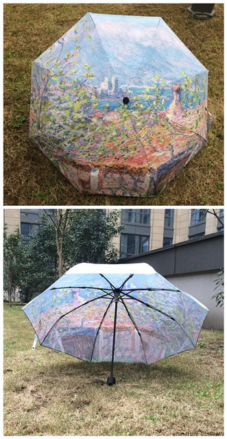 hot four season painting sunshade van gogh waterproof umbrella rain women para inside without glue parasol umbrella men as picture 15