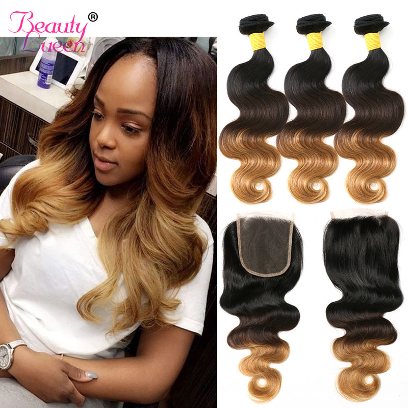 ombre brazilian body wave 3 bundles with closure human hair weave bundles with closure 4 pcs honey blonde hair extension nonremy