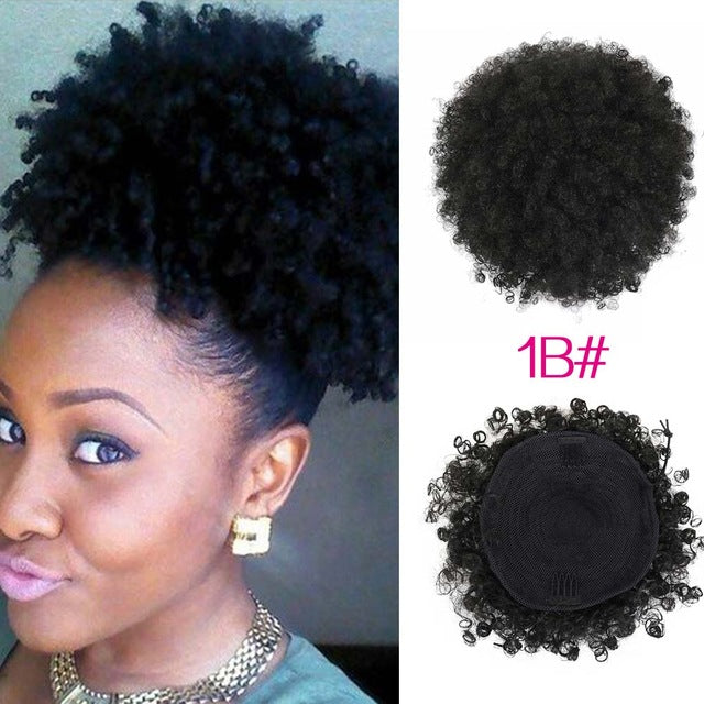 synthetic curly hair ponytail african american short afro kinky curly wrap synthetic drawstring puff pony tail hair extensions #1b / 6inch