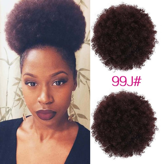 synthetic curly hair ponytail african american short afro kinky curly wrap synthetic drawstring puff pony tail hair extensions #99j / 6inch
