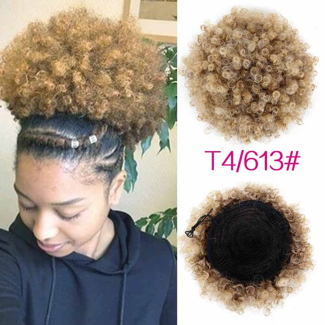 synthetic curly hair ponytail african american short afro kinky curly wrap synthetic drawstring puff pony tail hair extensions p4/613 / 6inch