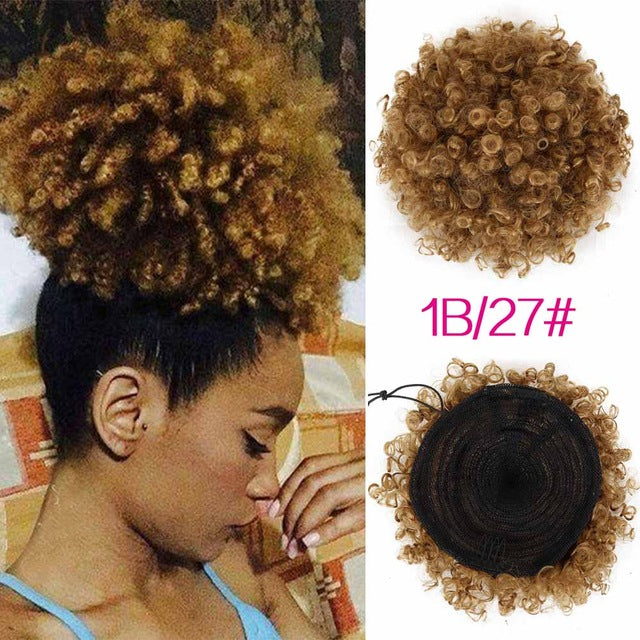 synthetic curly hair ponytail african american short afro kinky curly wrap synthetic drawstring puff pony tail hair extensions #1b/27 / 6inch