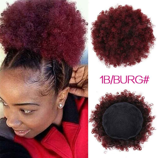 synthetic curly hair ponytail african american short afro kinky curly wrap synthetic drawstring puff pony tail hair extensions #1b/bug/red / 6inch
