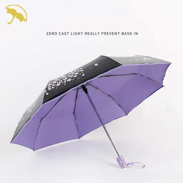 flower umbrella black coating sunscreen sunny umbrella rain woman three folding umbrella female automatic princess parasol gift purple