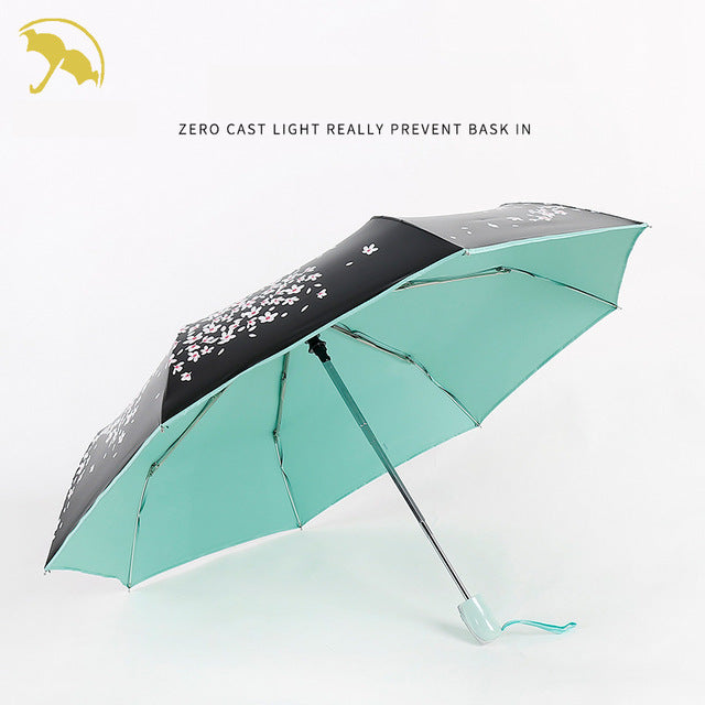 flower umbrella black coating sunscreen sunny umbrella rain woman three folding umbrella female automatic princess parasol gift green