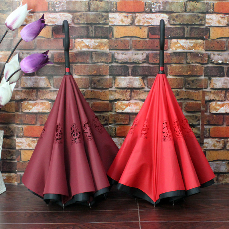 folding reverse umbrella double layer inverted windproof rain car umbrellas for women