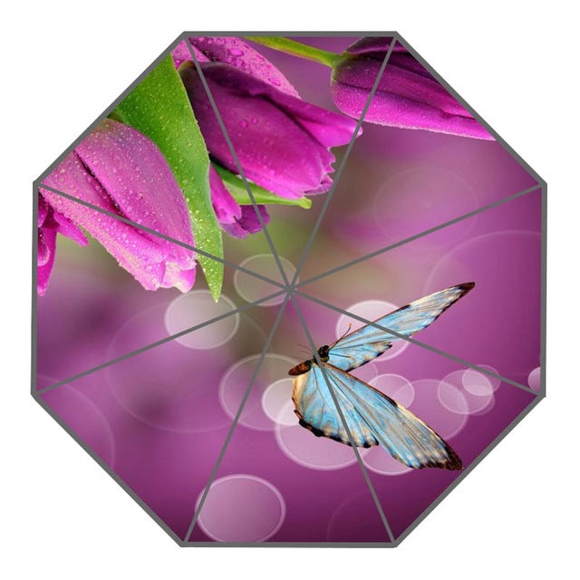 new arrive custom colorful butterfly, flowers umbrellas creative design high quality foldable rain umbrella violet