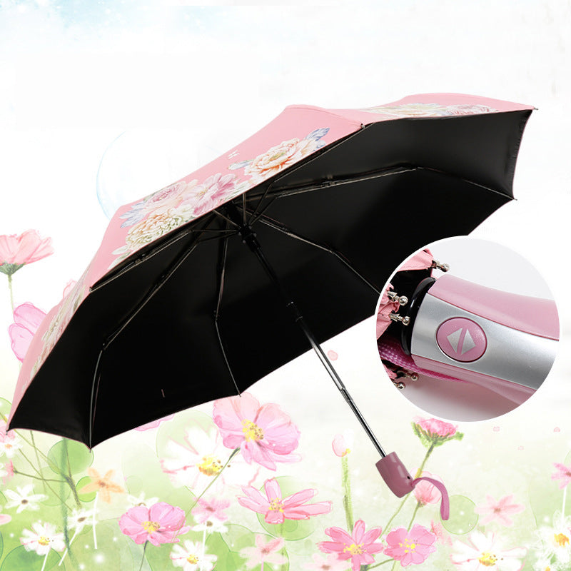 black coating sunscreen sunny umbrella rain woman three folding umbrella female  automatic princess flower umbrella smsy-1