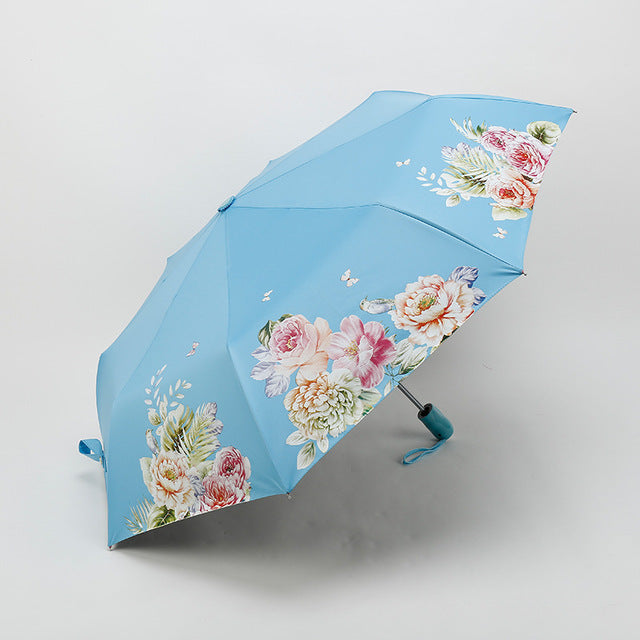 black coating sunscreen sunny umbrella rain woman three folding umbrella female  automatic princess flower umbrella smsy-1 blue