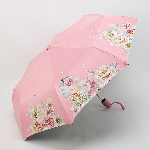 black coating sunscreen sunny umbrella rain woman three folding umbrella female  automatic princess flower umbrella smsy-1 pink
