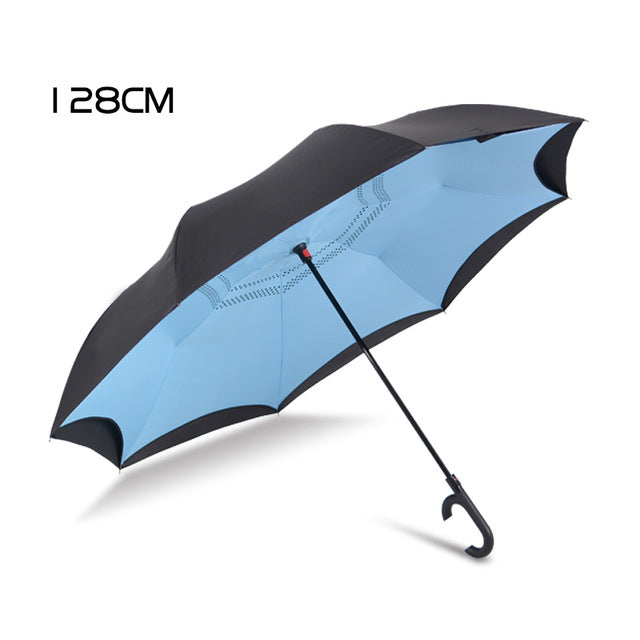 bachon reverse windproof umbrella,auto close double-layer inverted umbrella for men women car umbrella blue-128cm