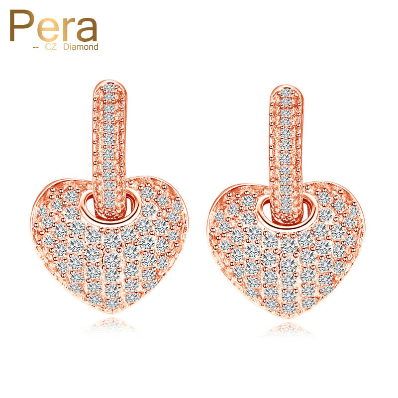 fashion korean cute style clear hoop cubic zirconia paved rose gold color big heart shape stud earrings for women gift