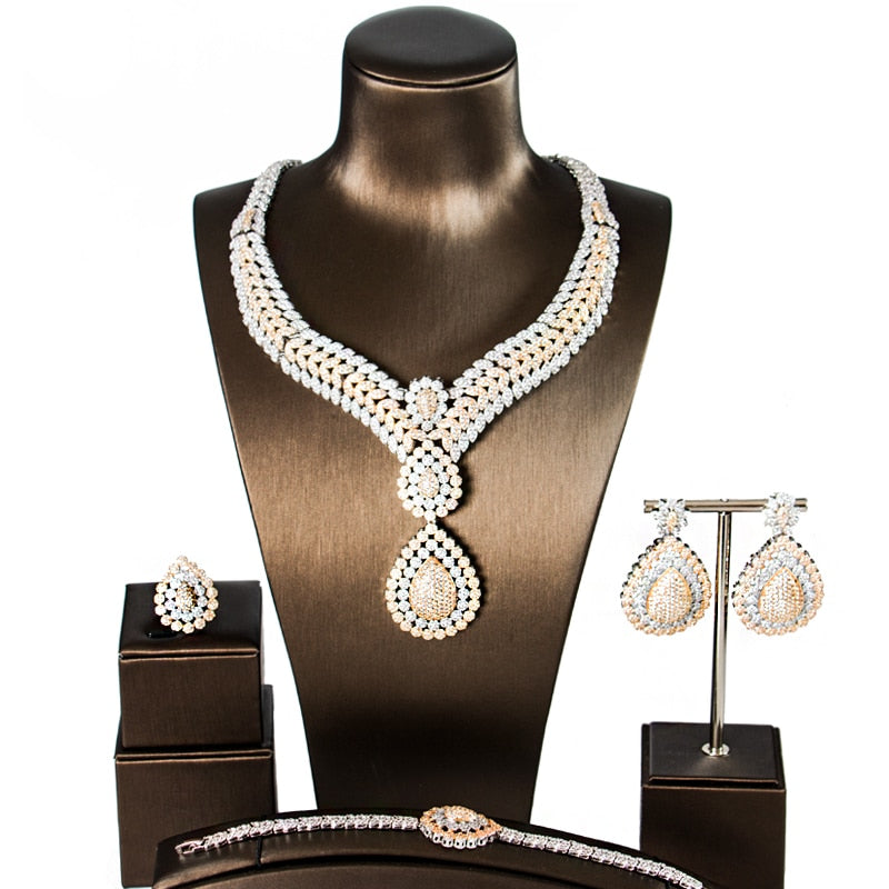 lan palace simple style luxury copper alloy 5a cubic zirconia  jewellery set  earrings necklace ring bracelet