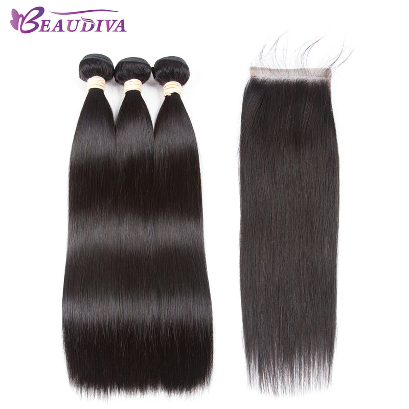 beaudiva hair extension 100% human hair bundles with closure brazilian hair weave bundles straight 3 bundles with lace closure