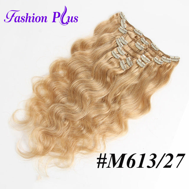 fashion plus clip in human hair extensions in clip machine made remy clip in hair extensions full head body wave 7pcs/set 120g