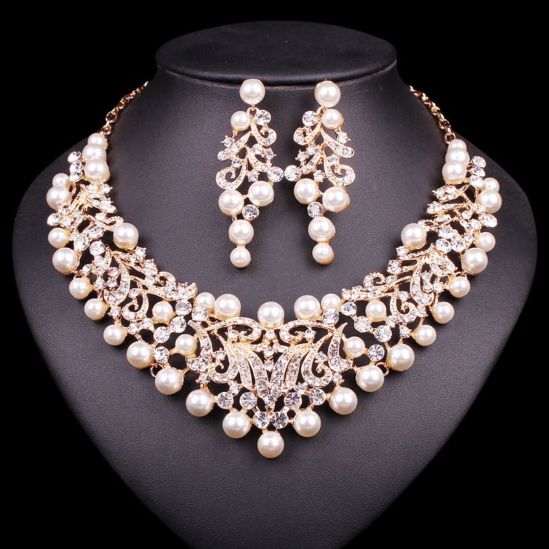 imitation pearl wedding necklace earrings bridal jewelry set