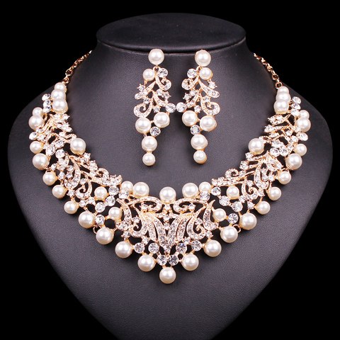 imitation pearl wedding necklace earrings bridal jewelry set gold-color