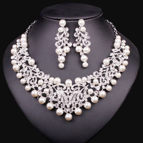 imitation pearl wedding necklace earrings bridal jewelry set platinum plated