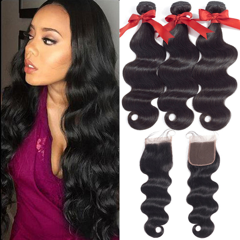 beaudiva brazilian body wave human hair extensions 100% human hair weave bundles with closure 4*4 natural color