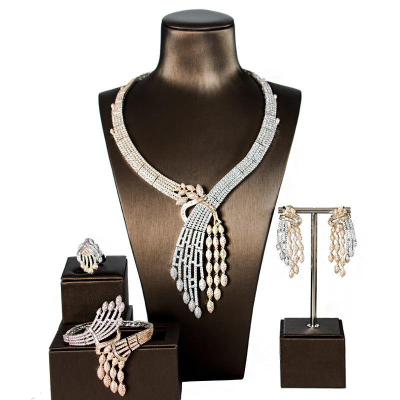 lan palace ne'w  original desig copper alloy 5a cubic zirconia  jewellery set  earrings necklace ring bracelet