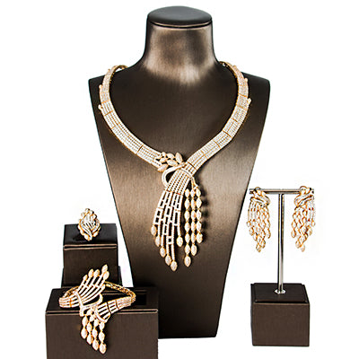 lan palace ne'w  original desig copper alloy 5a cubic zirconia  jewellery set  earrings necklace ring bracelet gold / resizable