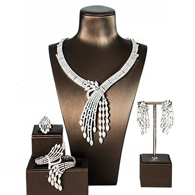 lan palace ne'w  original desig copper alloy 5a cubic zirconia  jewellery set  earrings necklace ring bracelet silvery white / resizable