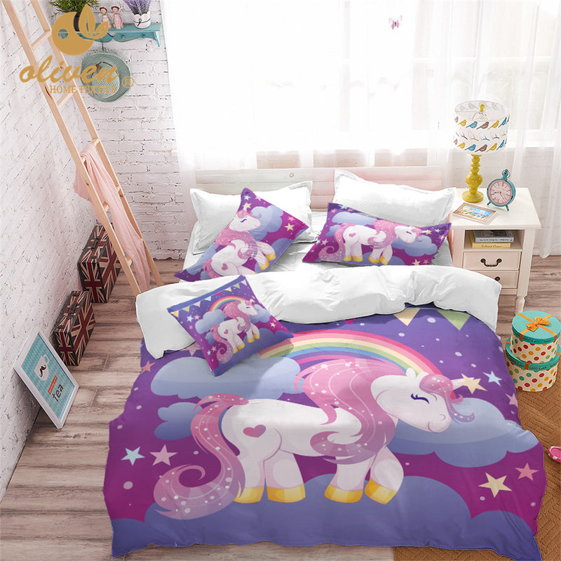 unicorn bedding set rainbow animal printed 3pcs bed covers & pillowcase