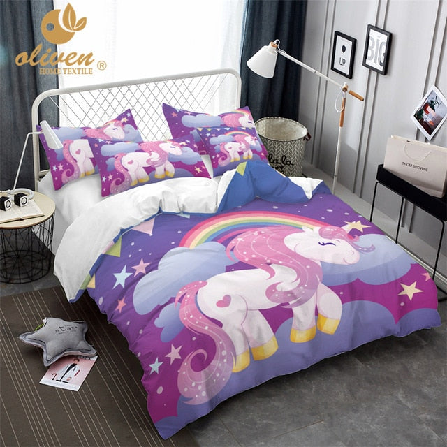 unicorn bedding set rainbow animal printed 3pcs bed covers & pillowcase