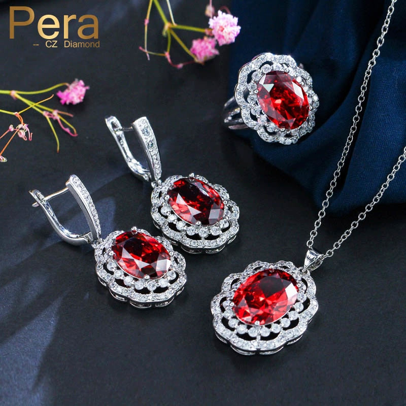 trendy ladies choice big round cubic zirconia red and white 3 pcs necklace women jewelry set for evening party