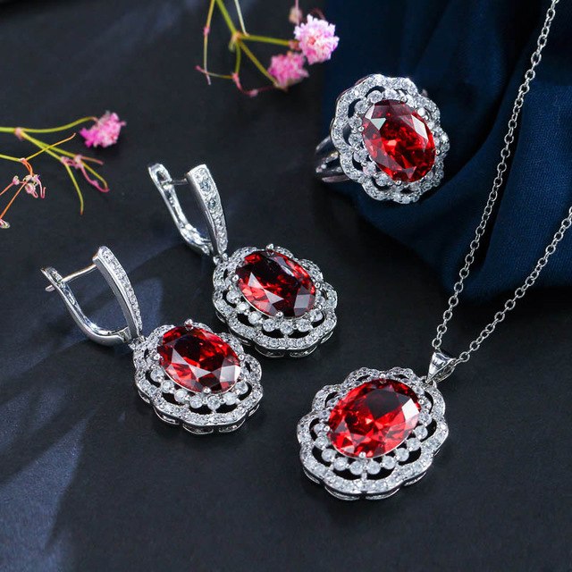 trendy ladies choice big round cubic zirconia red and white 3 pcs necklace women jewelry set for evening party
