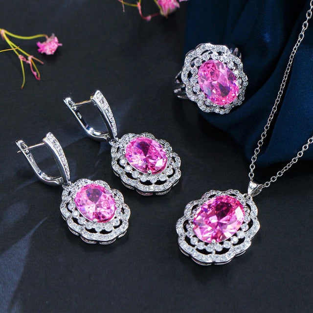trendy ladies choice big round cubic zirconia red and white 3 pcs necklace women jewelry set for evening party