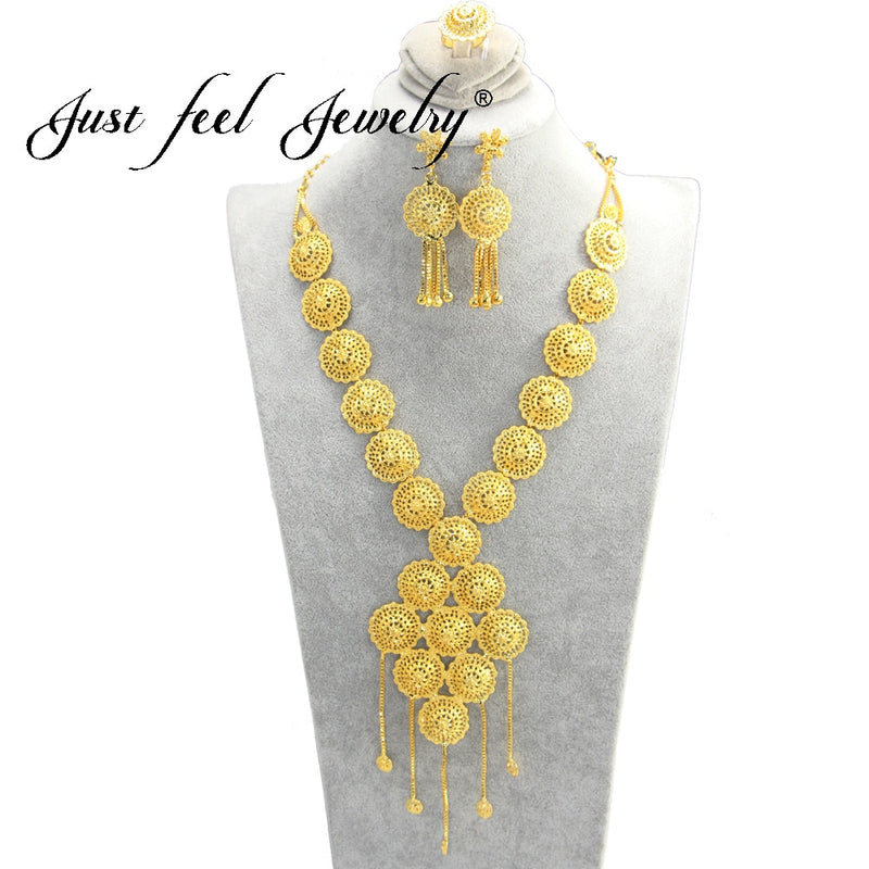 arab gold color jewelry sets geometric tassel necklace earrings rings round african/middle east
