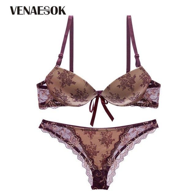 new top printing underwear set sexy deep v brassiere bow embroidery push up bra set women lingerie cotton thick lace bra panties