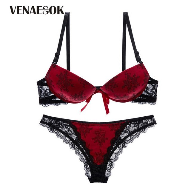 new top printing underwear set sexy deep v brassiere bow embroidery push up bra set women lingerie cotton thick lace bra panties