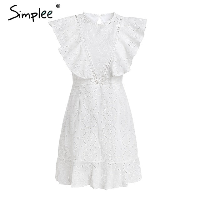 embroidery cotton white dress women ruffle sleeve high waist short dress keyhole back casual dress female vestidos