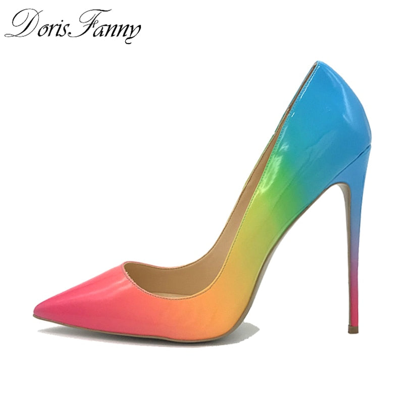 spring fancy women high heels pointed toe sexy stiletto rainbow heels