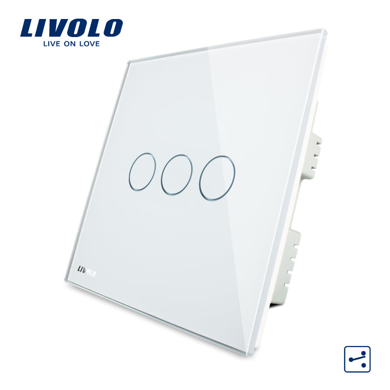 livolo wall switch, crystal glass panel, ac 220-250v vl-c303s-white/black/gold,3 gangs 2way,  home touch screen light  uk switch white