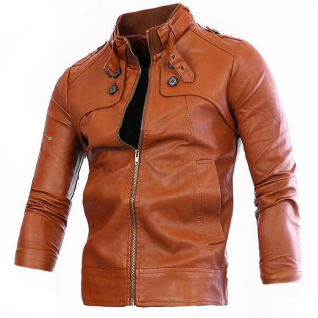leather jacket men korean slim stand collar fur coats high quality fashion