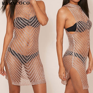 sexy summer women sleeveless cotton knitted hollow out swimwear cover up beachwear club wear solid beach dress
