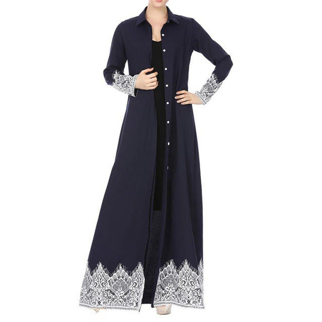 muslim women lace trimmed front abaya muslim maxi kaftan kimono