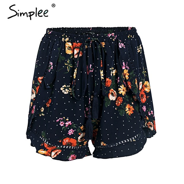 ruffle tassel mini shorts women floral print beach summer shorts female streetwear elastic hight waist shorts