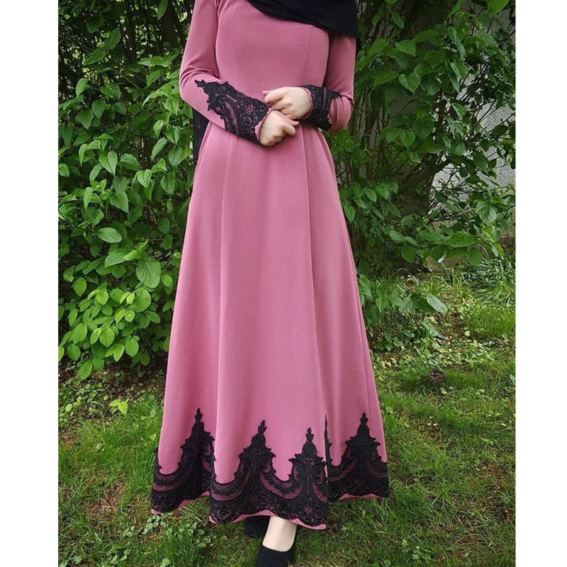 women fashion long sleeve o neck high waist muslim lace patchwork ankle length elegant ladies casual dresses ramadan