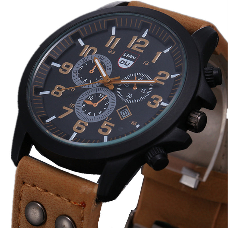 new business quartz watch men sport military watches men corium leather strap army wristwatch clock hours complete calendar