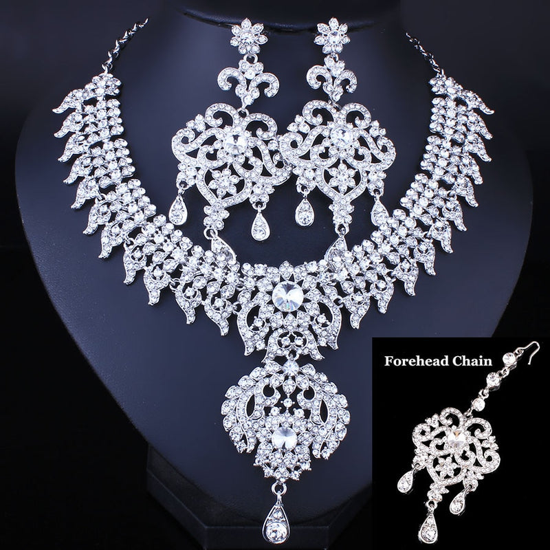 3pcs full crystal rhinestone necklace earrings and forehead chain