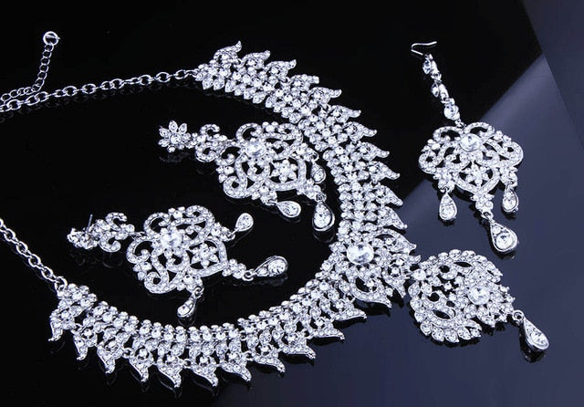 3pcs full crystal rhinestone necklace earrings and forehead chain silver color