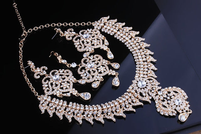 3pcs full crystal rhinestone necklace earrings and forehead chain gold color