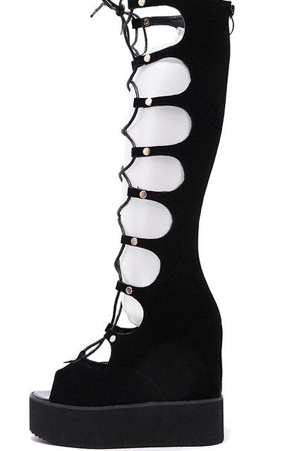 women summer chunky heel height increase elevator open the toe lace up back zipper knee high sandals boots