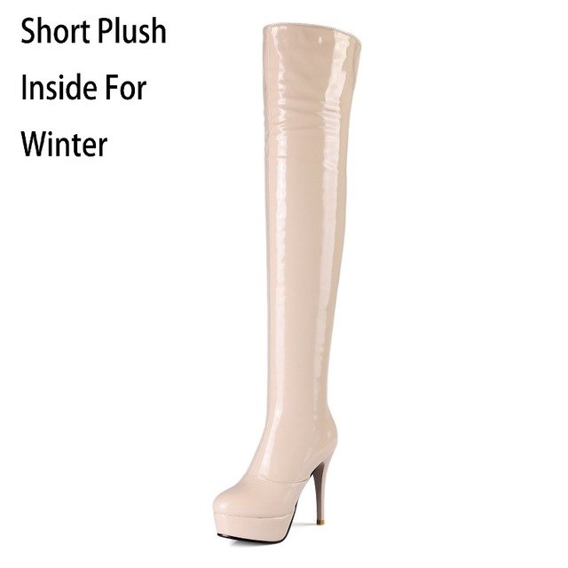 new arrival winter patent leather zip pointed toe thin heel long boots short plush  women over the knee boots