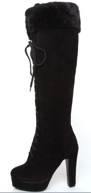 women winter nubuck leather thick high heel  round toe lace up fashion over the knee boots